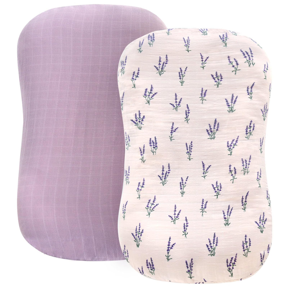 LifeTree muslin baby lounger cover with lavender pattern, breathable organic cotton for newborn comfort.