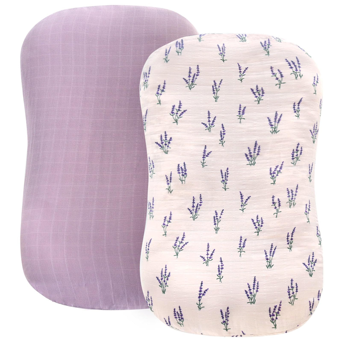 LifeTree muslin baby lounger cover with lavender pattern, breathable organic cotton for newborn comfort.