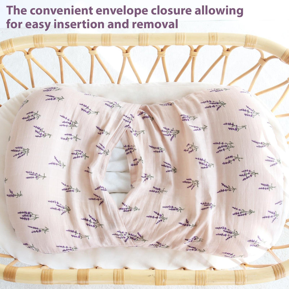 LifeTree lounger cover complements nursery decor with lavender-mauve hues.