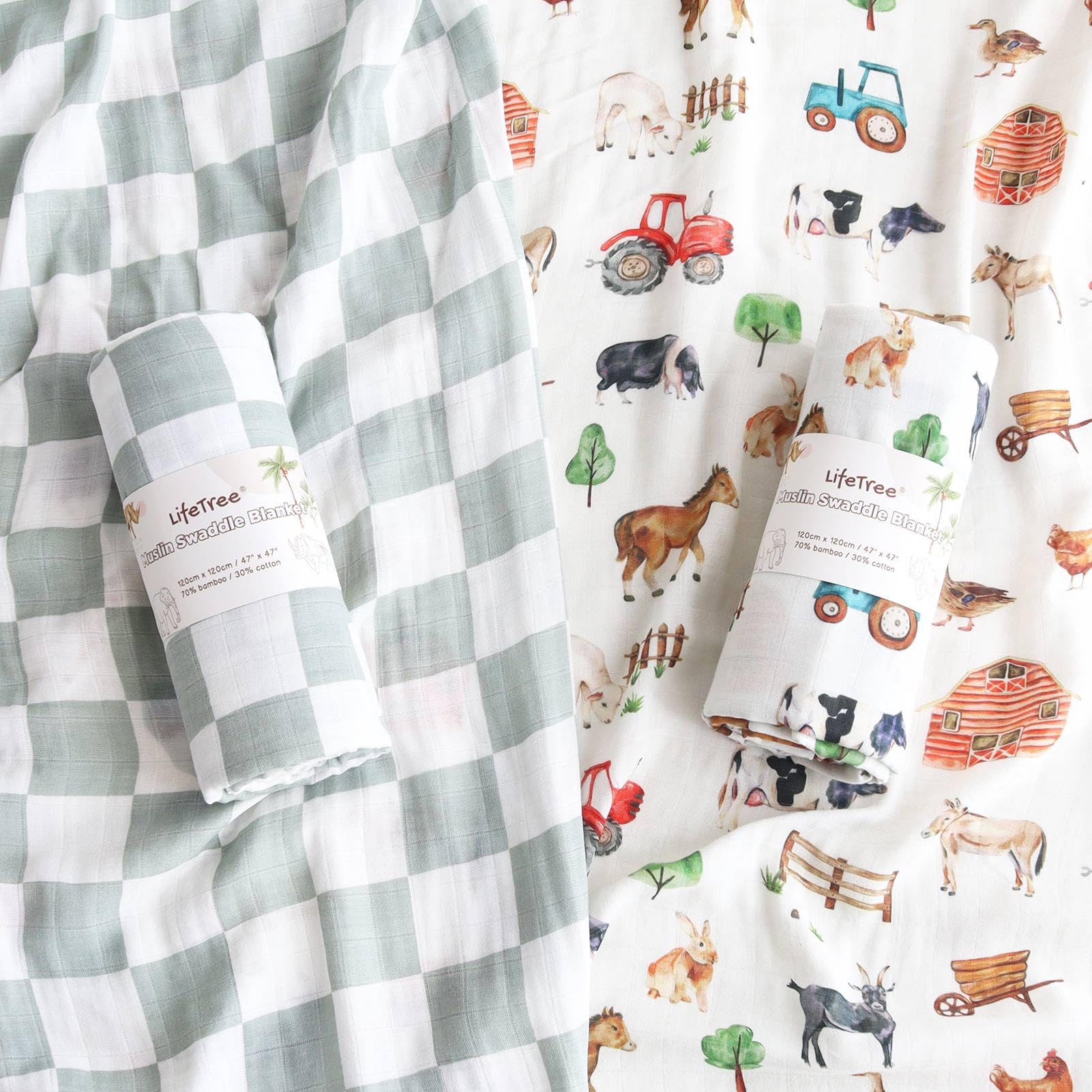 LifeTree swaddle blanket with goat design for calm, breathable wrapping