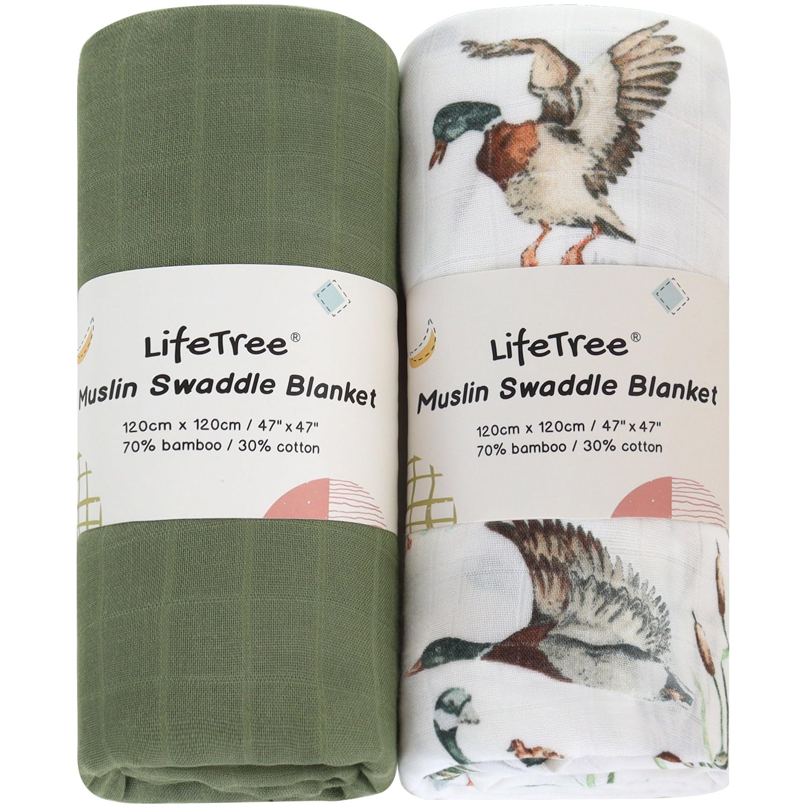 LifeTree muslin swaddle blanket with mallard duck design calms newborn sleep.