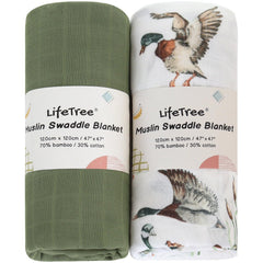 LifeTree muslin swaddle blanket with mallard duck design calms newborn sleep.