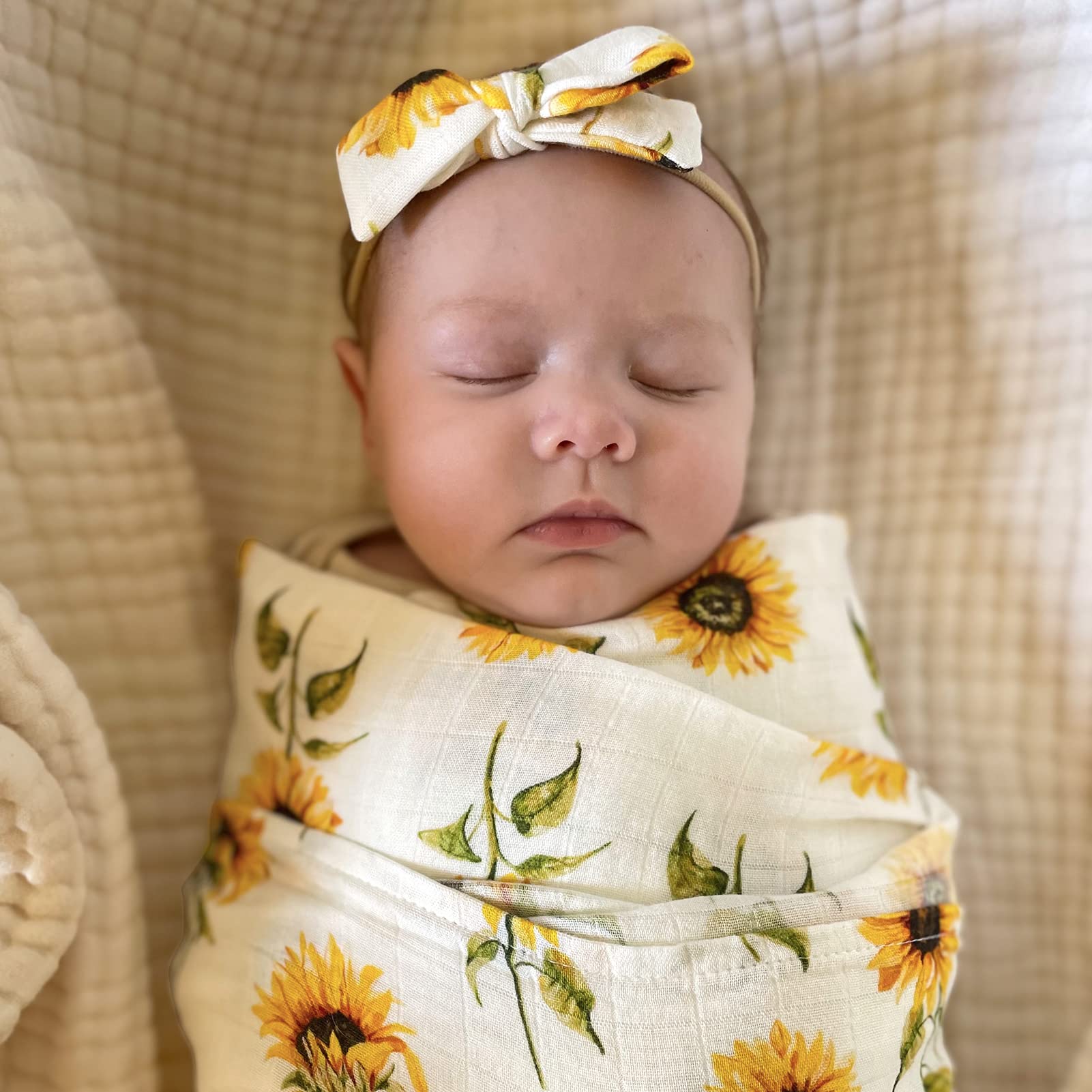 LifeTree sunflowers prop swaddle used for adorable baby photos.