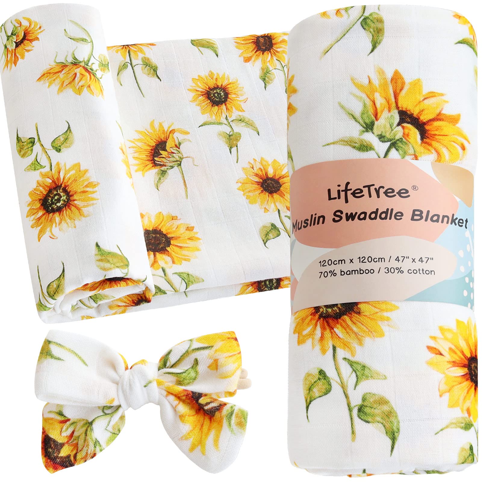 LifeTree sunflowers swaddle blanket for newborns, soft and breathable.