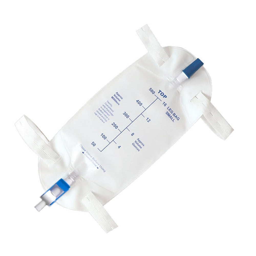 Lifevv Easy-Tap leg bag 500ml side view with 18-inch tubing.