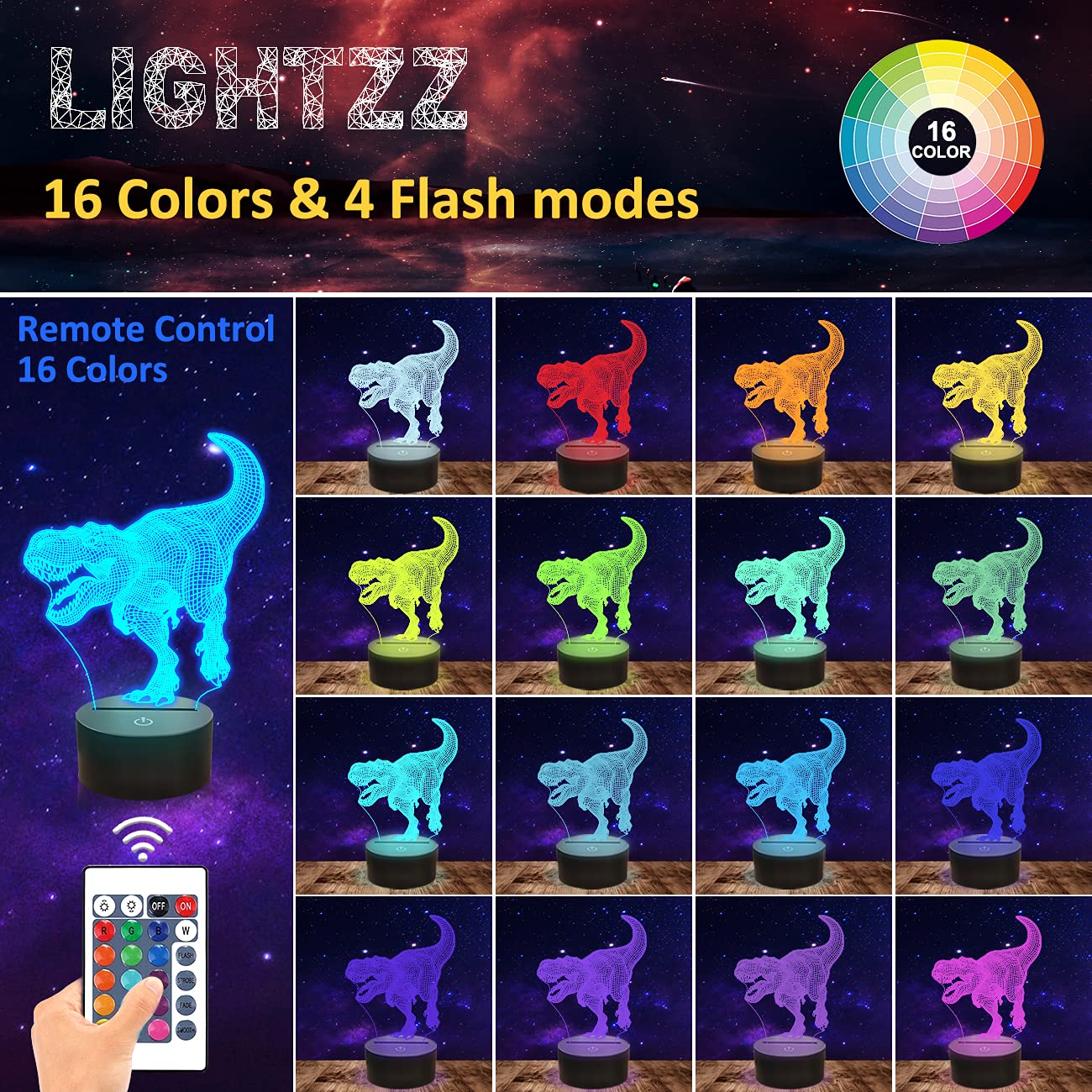 Lightzz dinosaur lamp with remote for easy color changes and brightness.