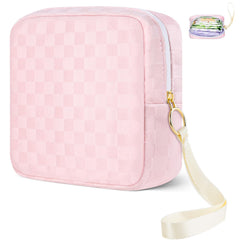 Likesing checkered period bag pink with wrist strap for easy on-the-go access and organization.