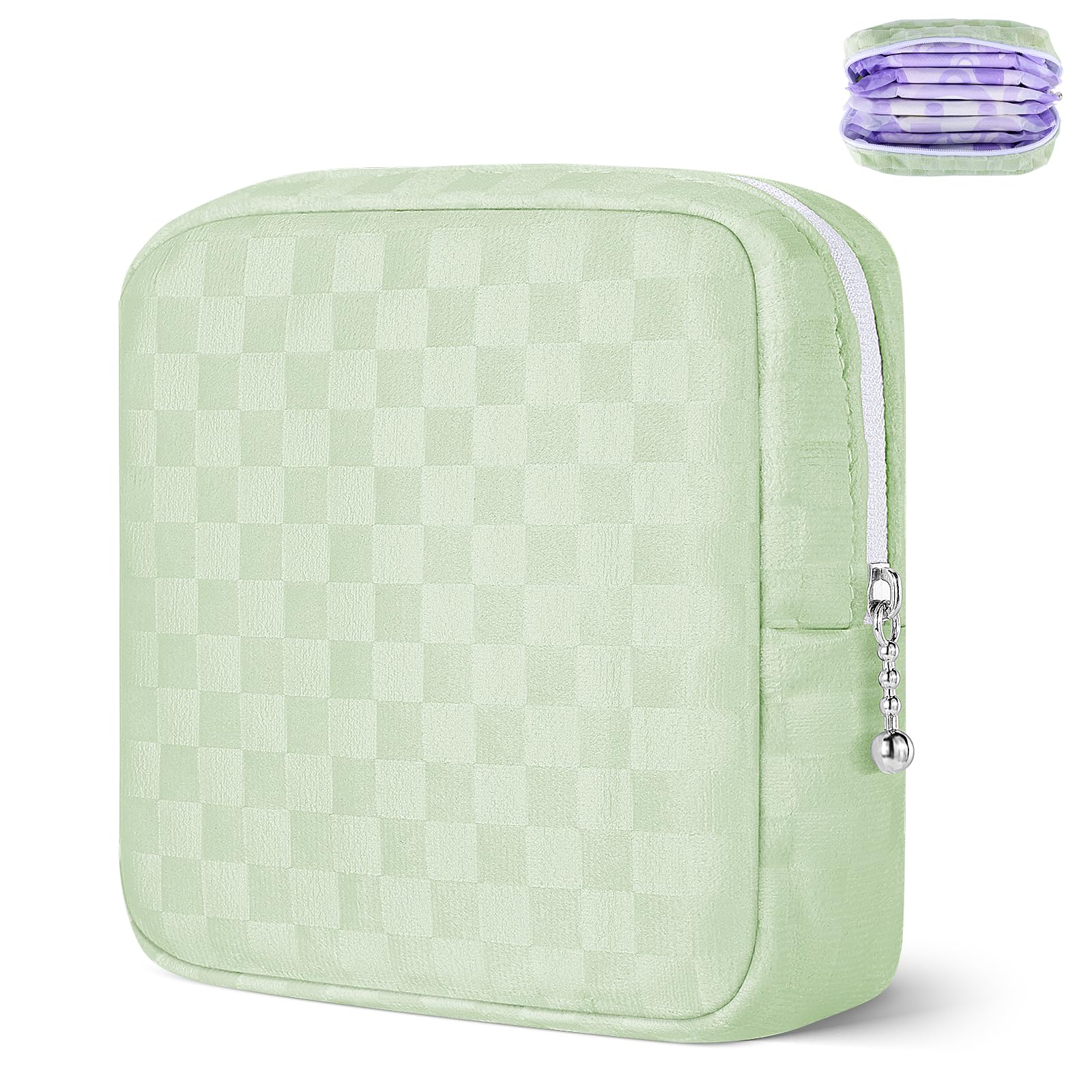Likesing mini makeup bag front view in green checkered fabric, portable purse companion