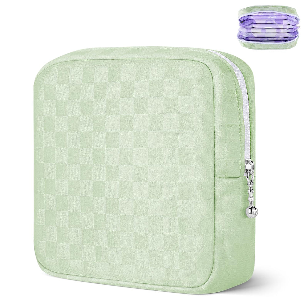 Likesing mini makeup bag front view in green checkered fabric, portable purse companion