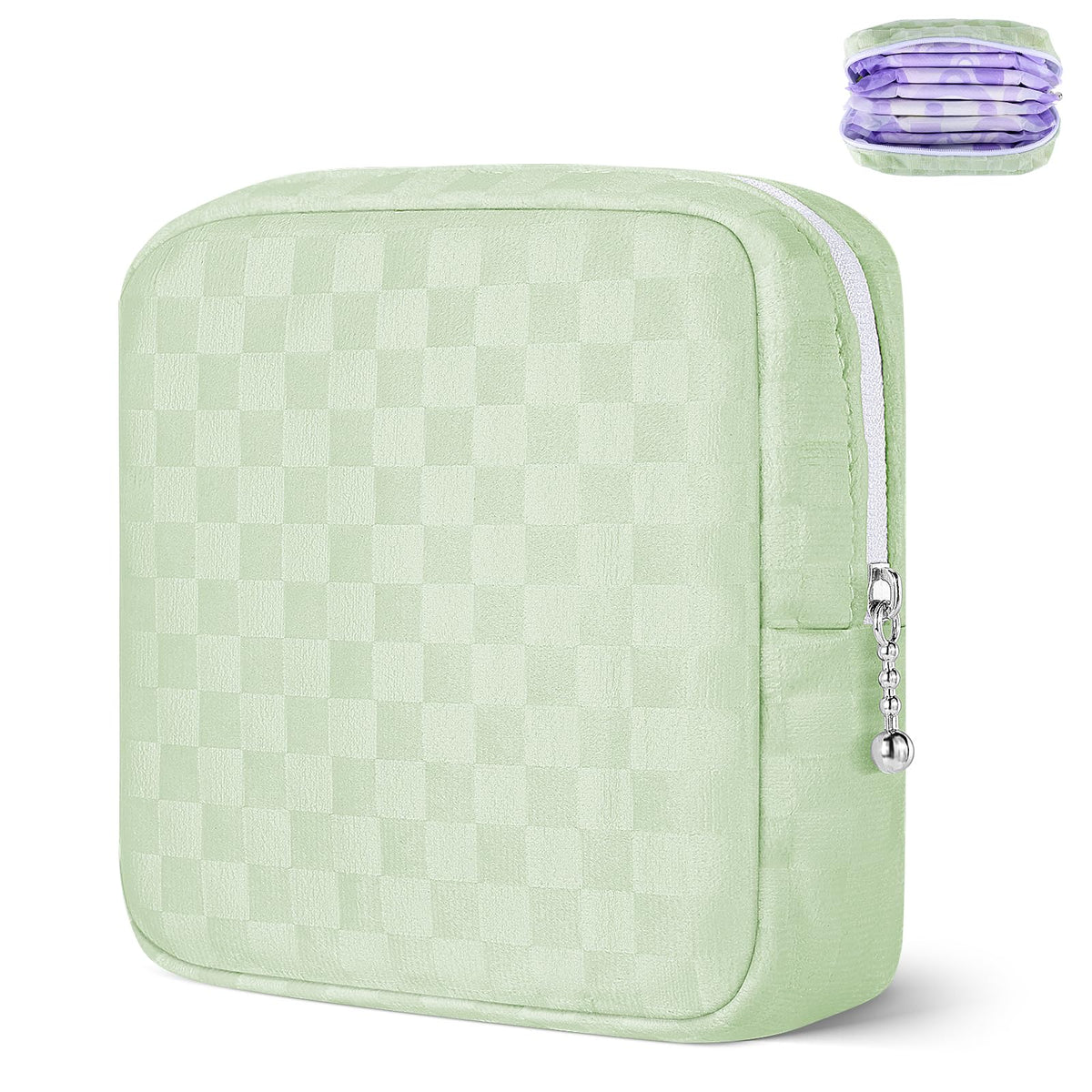 Likesing mini makeup bag front view in green checkered fabric, portable purse companion