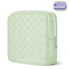 Likesing mini makeup bag front view in green checkered fabric, portable purse companion