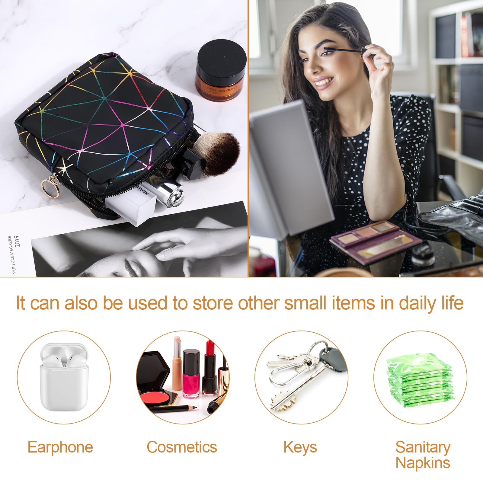 Likesing multi-pocket period bag holds pads, tampons, keys, and lipstick for quick access.