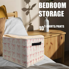 Likjad pink bow storage bin folded for compact storage behind furniture.
