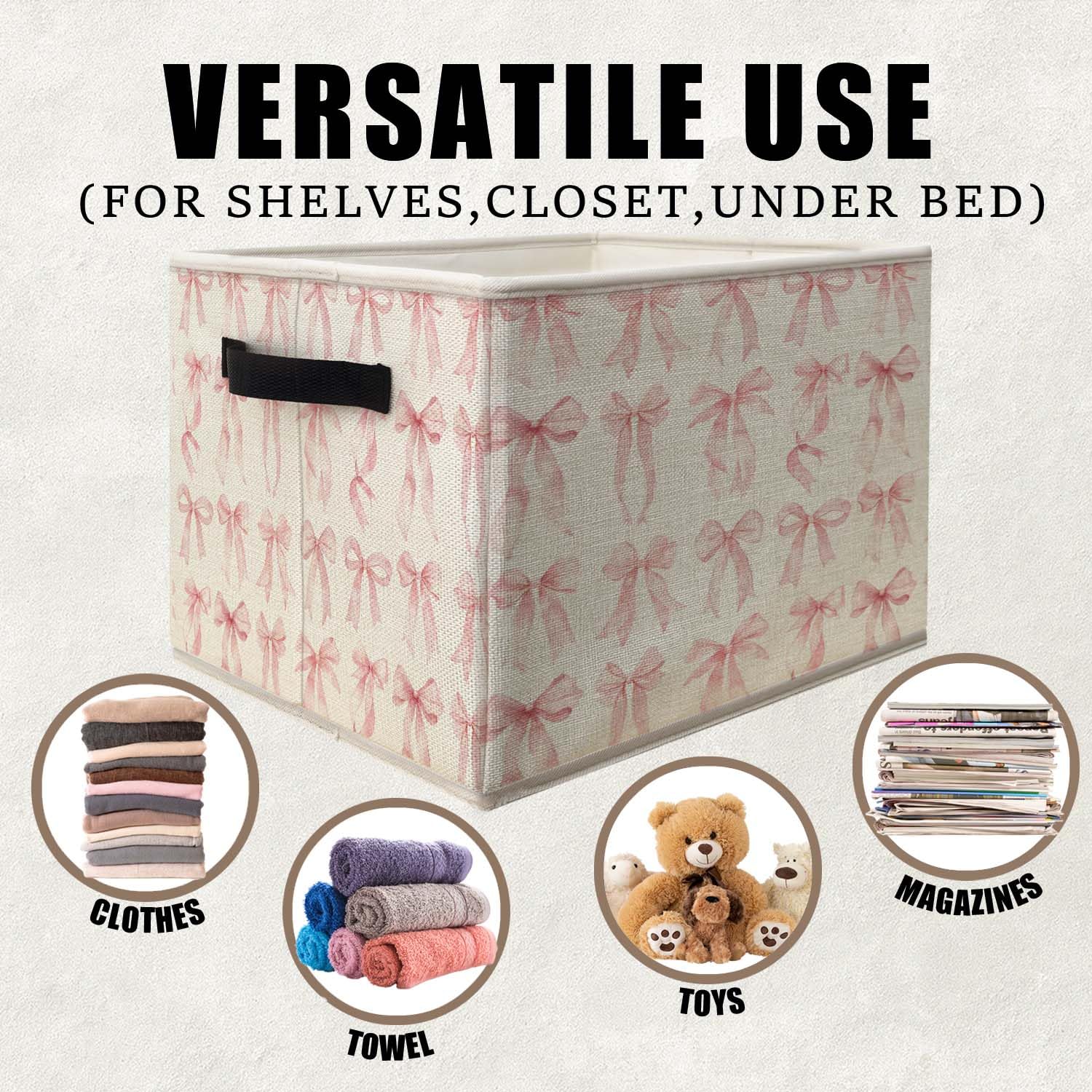 Likjad coquette pink ribbon bow organizer on a bedroom shelf, great for clothes and books.