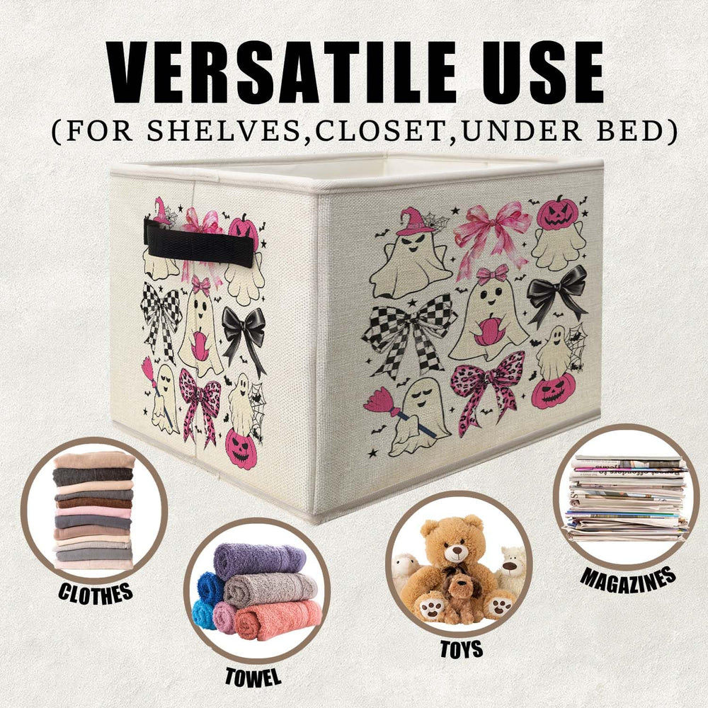 Foldable fabric storage bin shows compact form for easy transport
