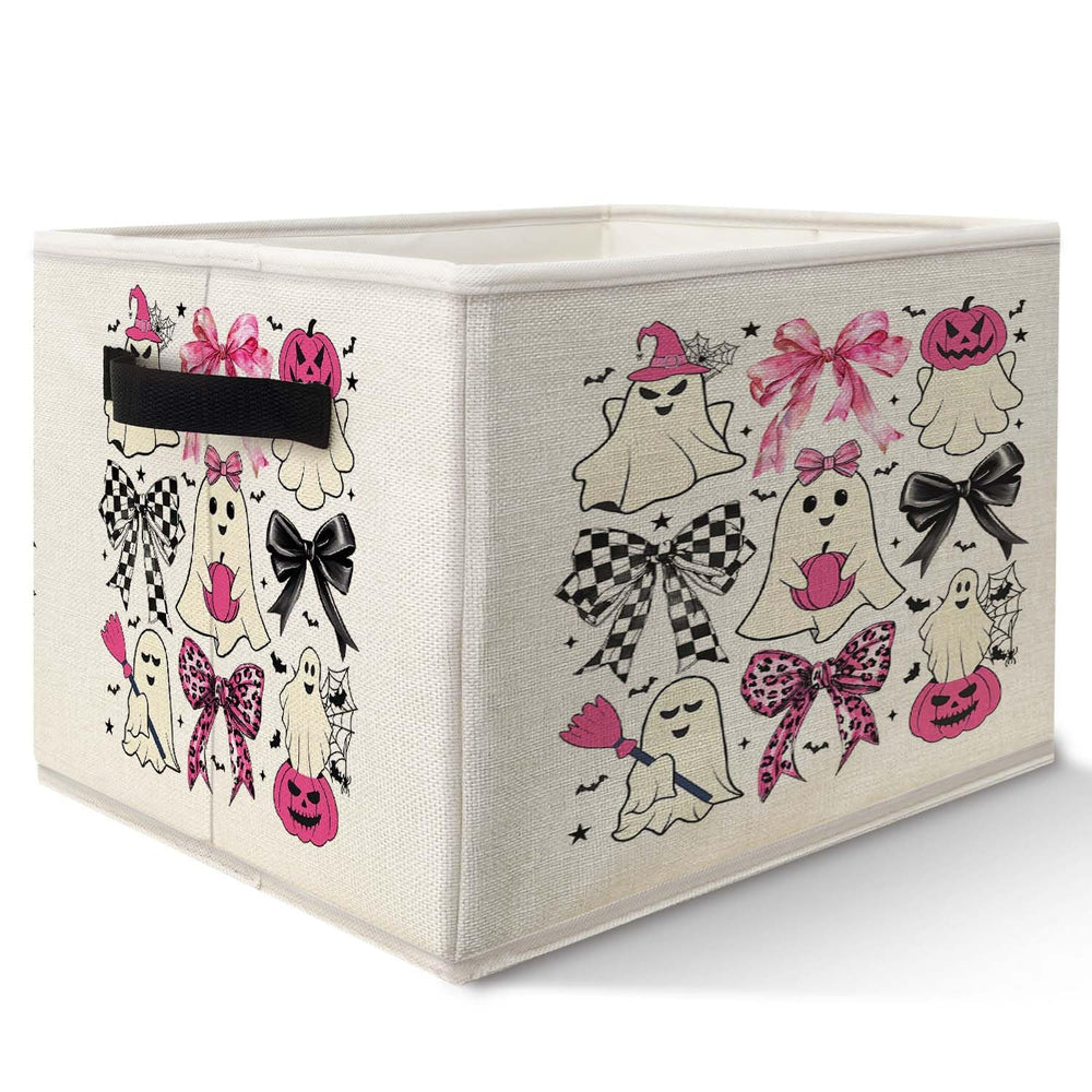 Likjad Halloween Ghost storage bin with pink coquette bow on a shelf for stylish organization