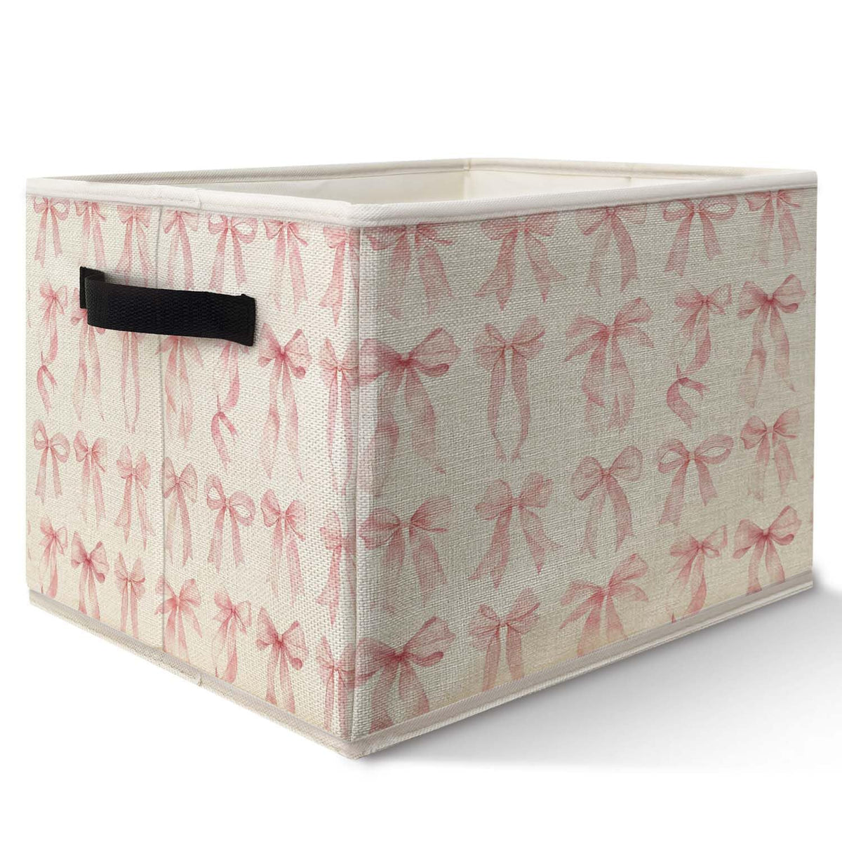 Likjad pink bow storage bin open on a shelf, ideal for toy organization.