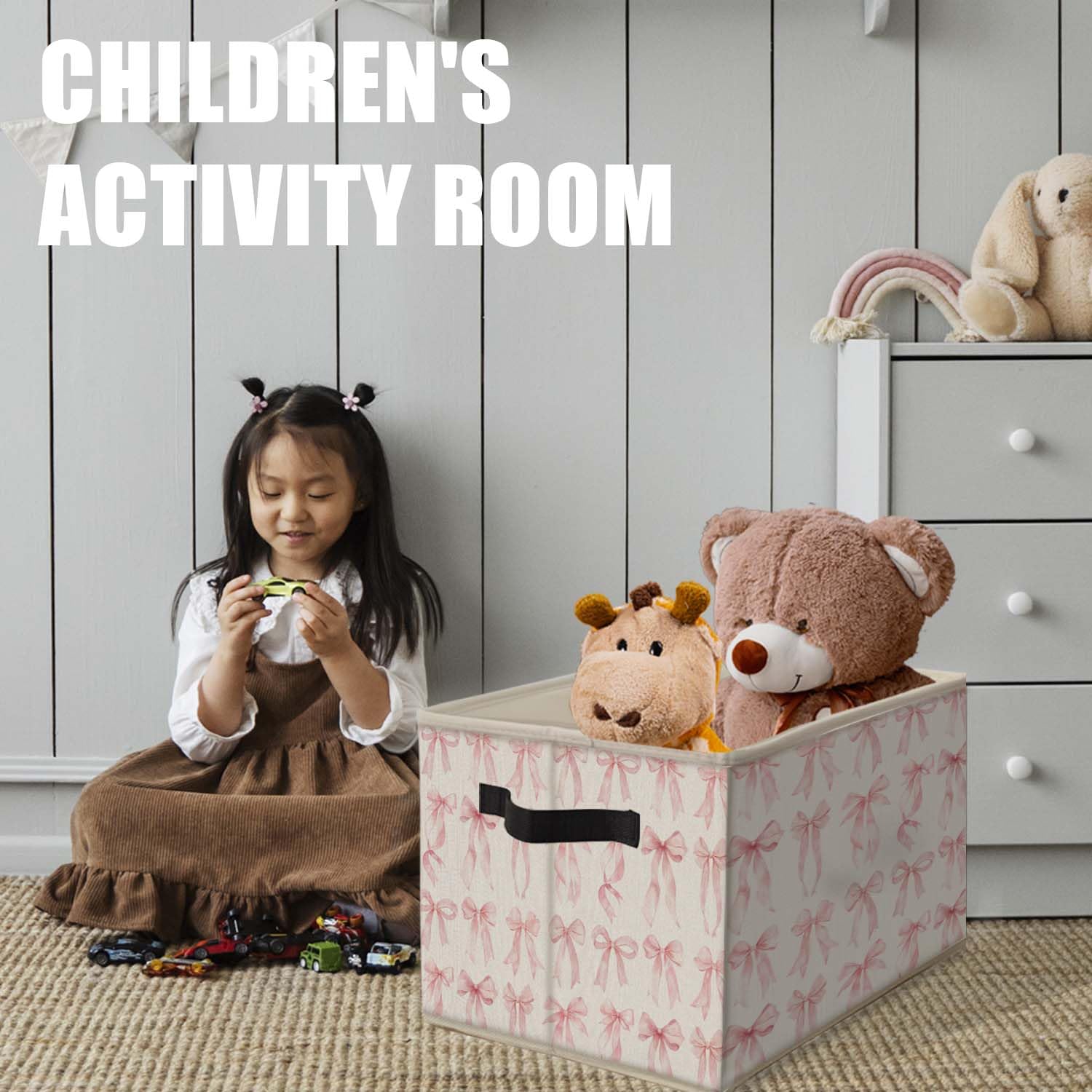 Likjad toy and book organizer in pink bow design on a dorm shelf.
