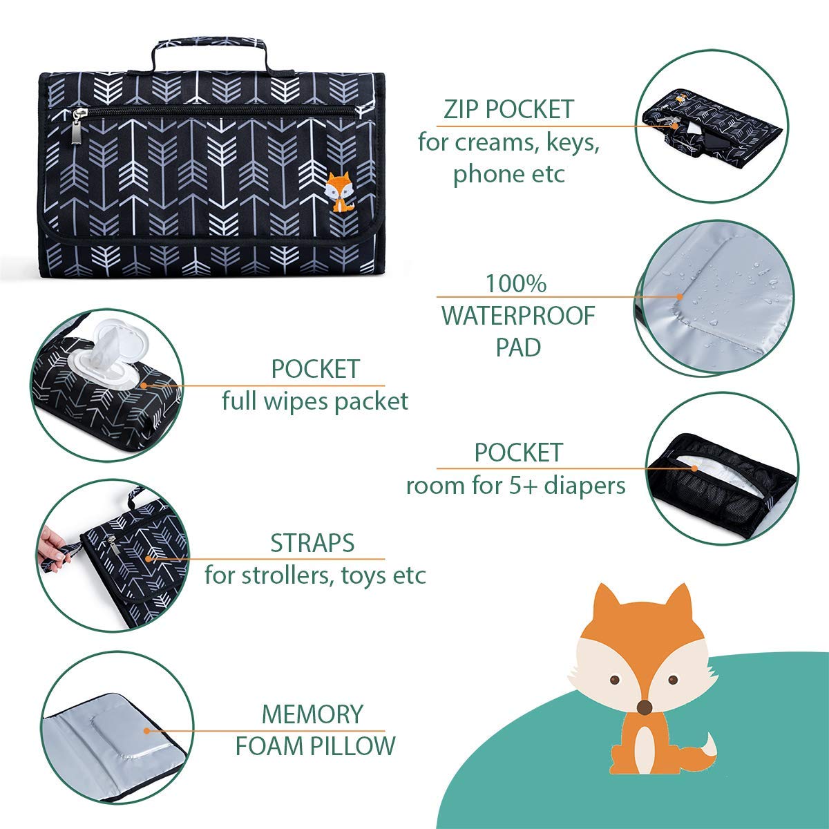 Lil Fox memory-foam headrest provides baby comfort.