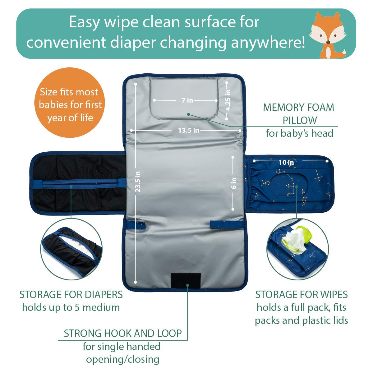 Lil Fox diapers pocket stores five or more diapers for quick changes.