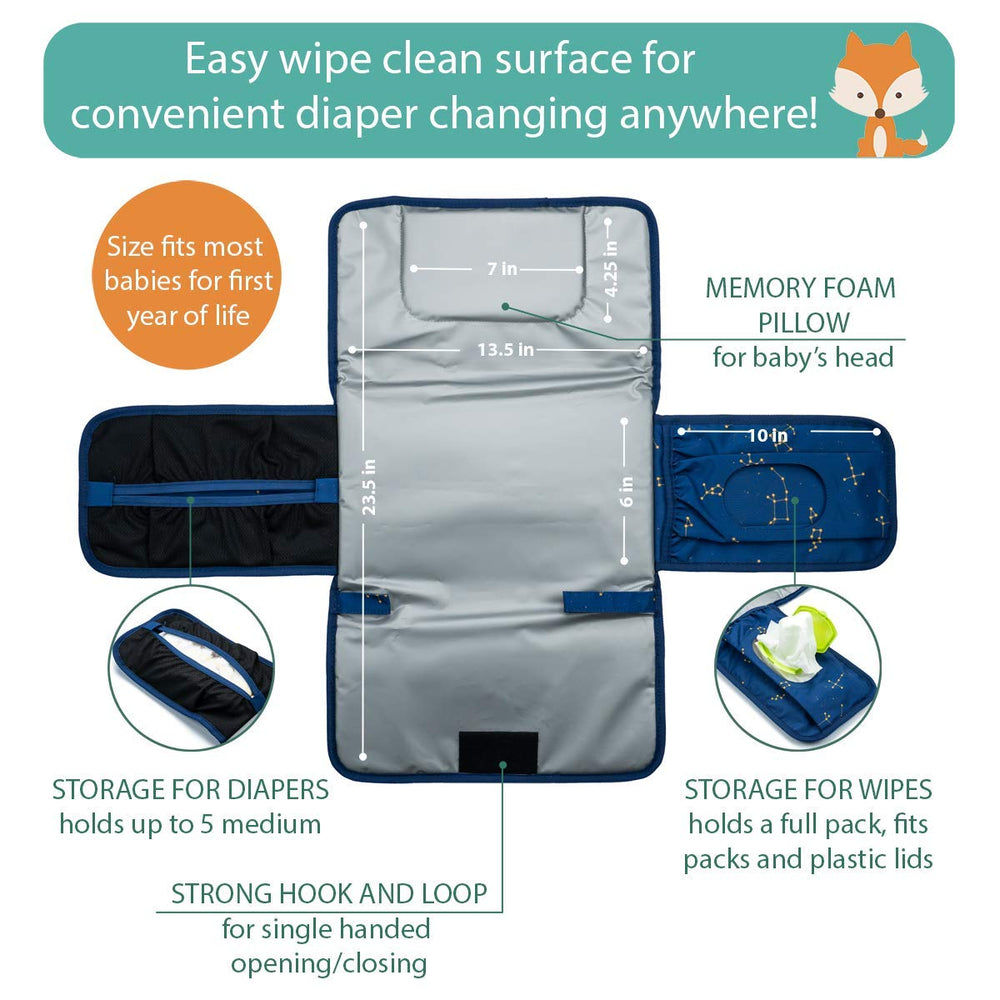 Lil Fox diapers pocket stores five or more diapers for quick changes.