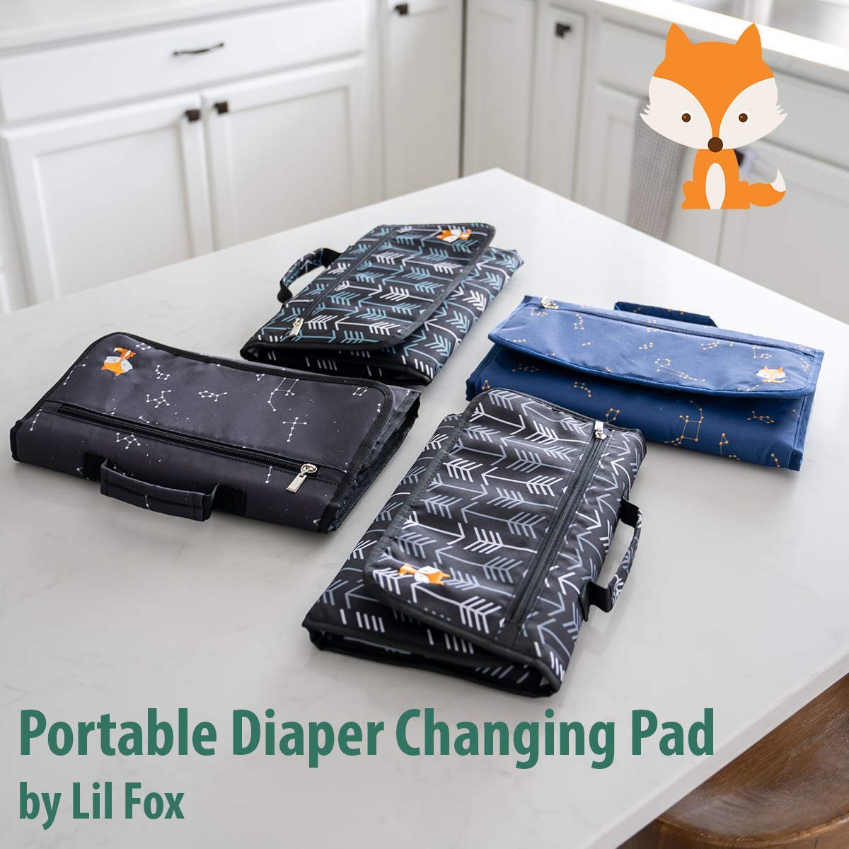 Lil Fox folded pad demonstrates compact size for bags and strollers.