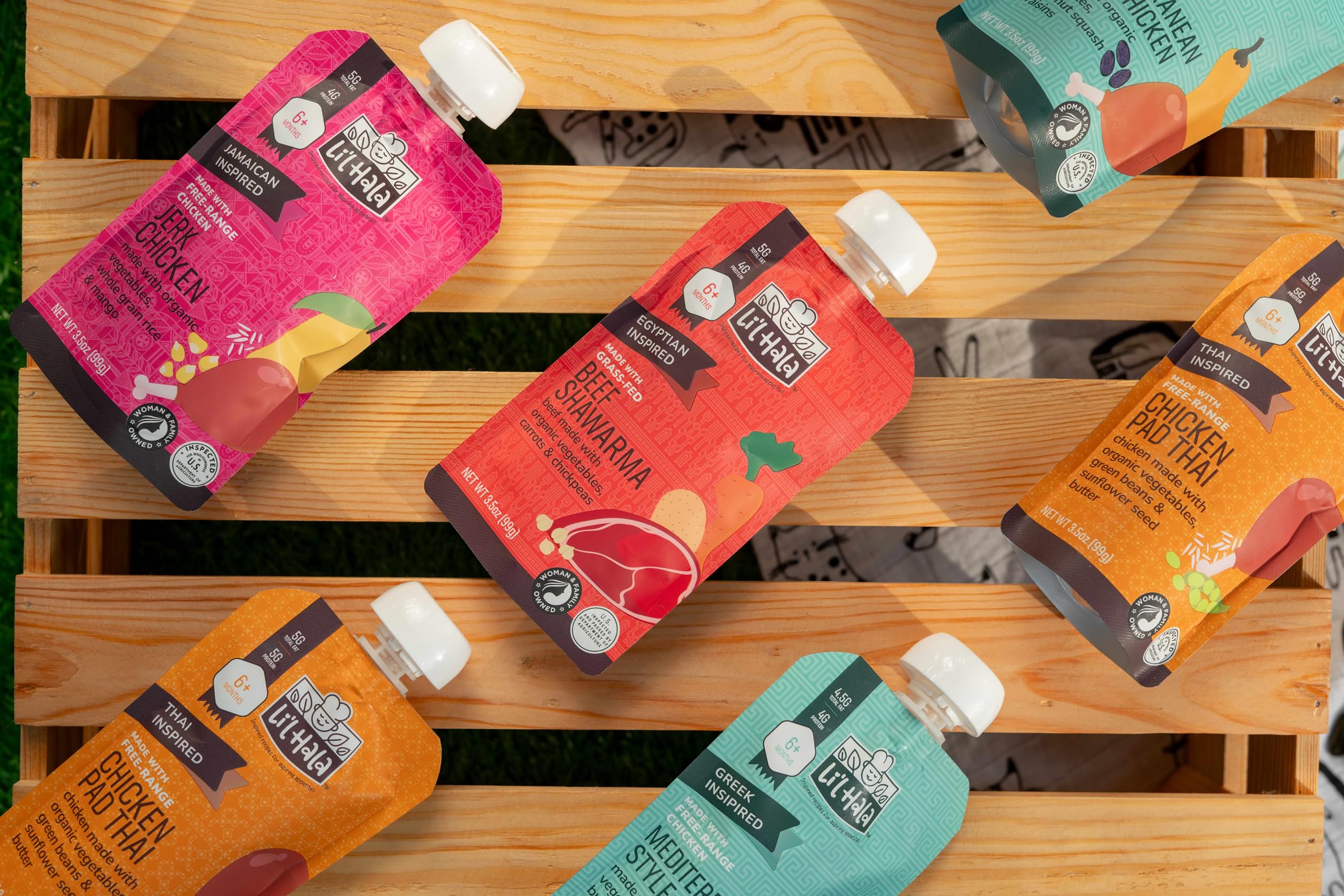Li'l Hala Foods storage-friendly pouches ready for travel.