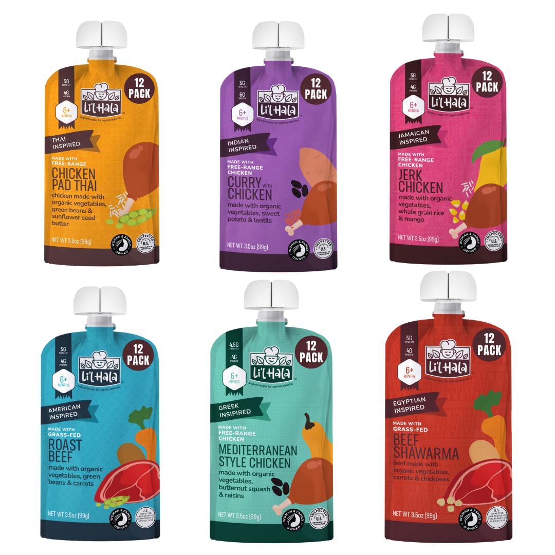 Li'l Hala Foods baby meat pouches variety-6-pack with chicken and beef flavors for on-the-go meals.
