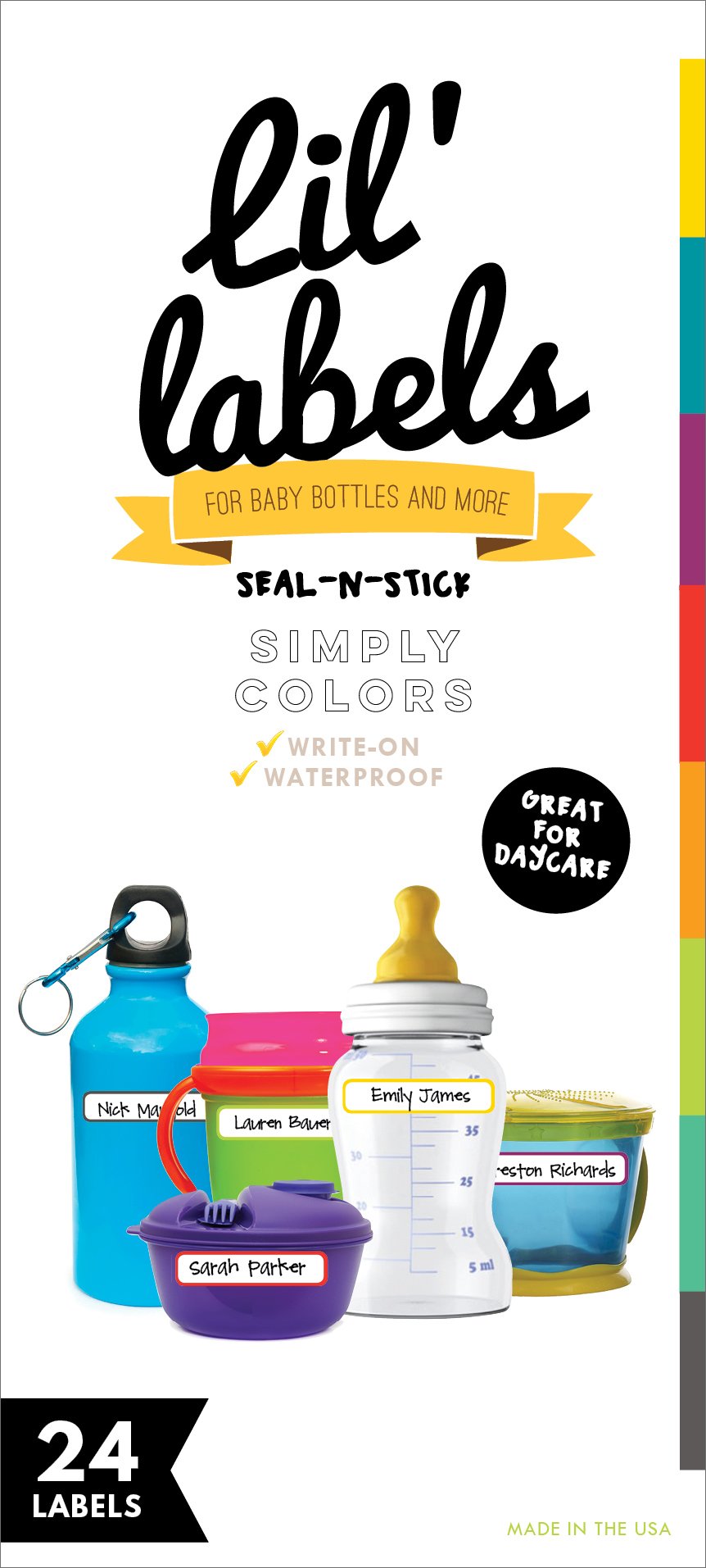 Lil' Labels Simply Colors rainbow bottle labels for writing and quick identification.