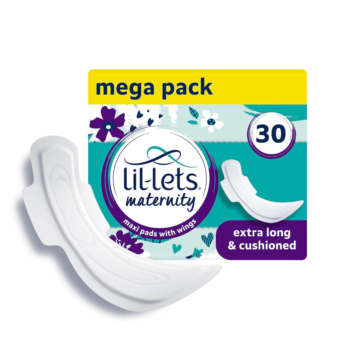 Lil-Lets extra-long postpartum pad with wings provides secure overnight protection.
