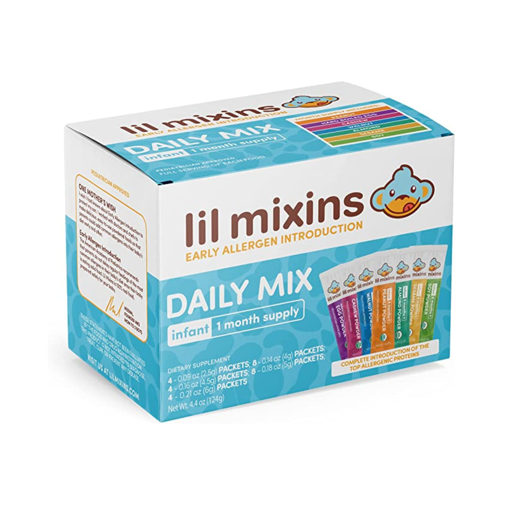 Lil Mixins daily packet on table, ready to mix into baby's meal.