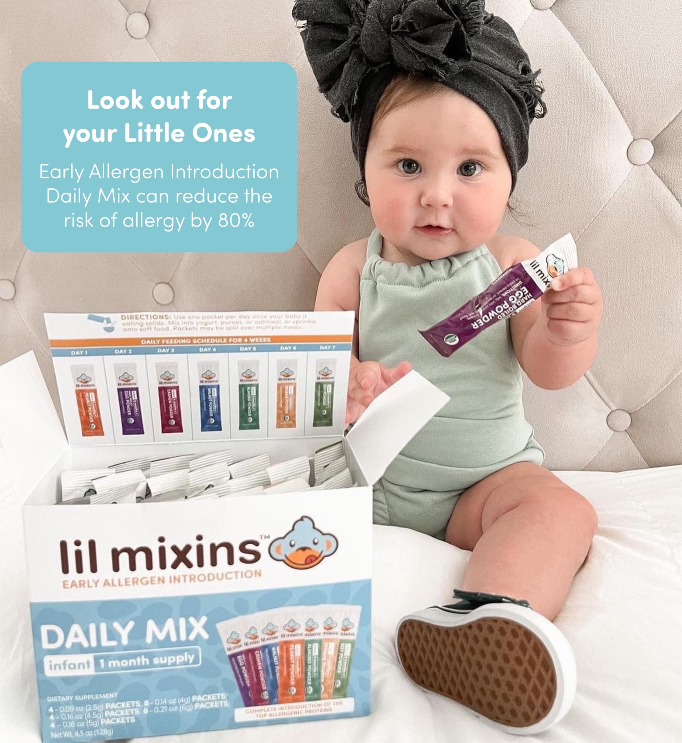 Lil Mixins pediatrician-approved stamp supports trusted allergen introduction.