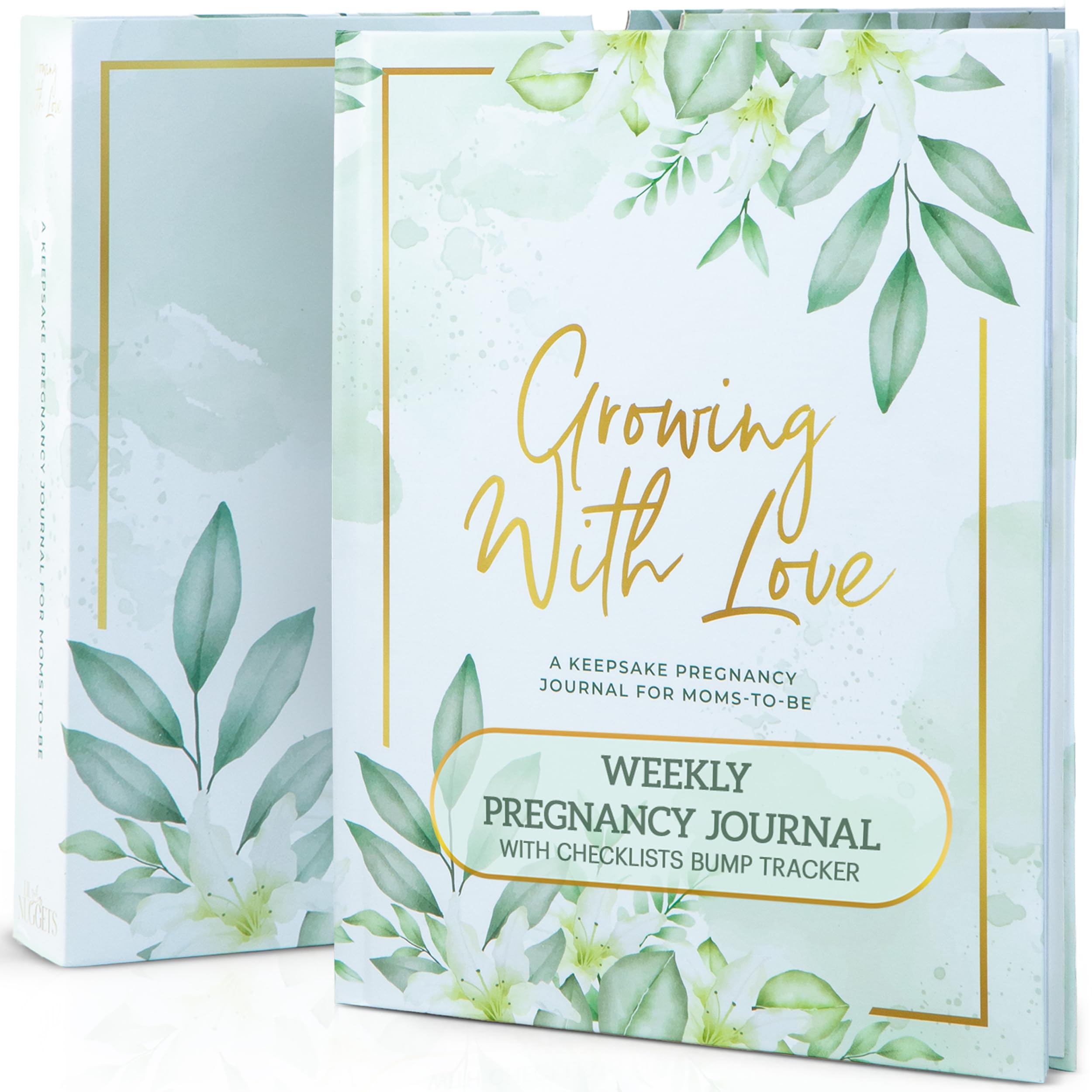 Lil Nuggets pregnancy journal cover highlighting durable spiral binding for lasting memory keeping.