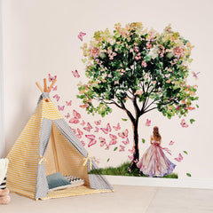 Lilacanthara butterfly-girl wall decal enhances a princess bedroom with soft, magical vibes.