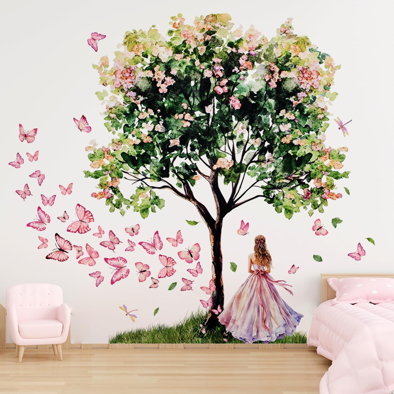 Lilacanthara flower tree wall sticker with butterflies, ideal for a dreamy nursery space.