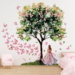 Lilacanthara flower tree wall sticker with butterflies, ideal for a dreamy nursery space.
