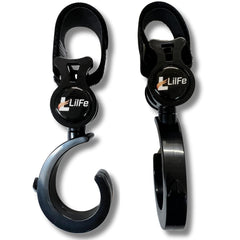 LilFe baby stroller hooks hanging for hands-free strolls.