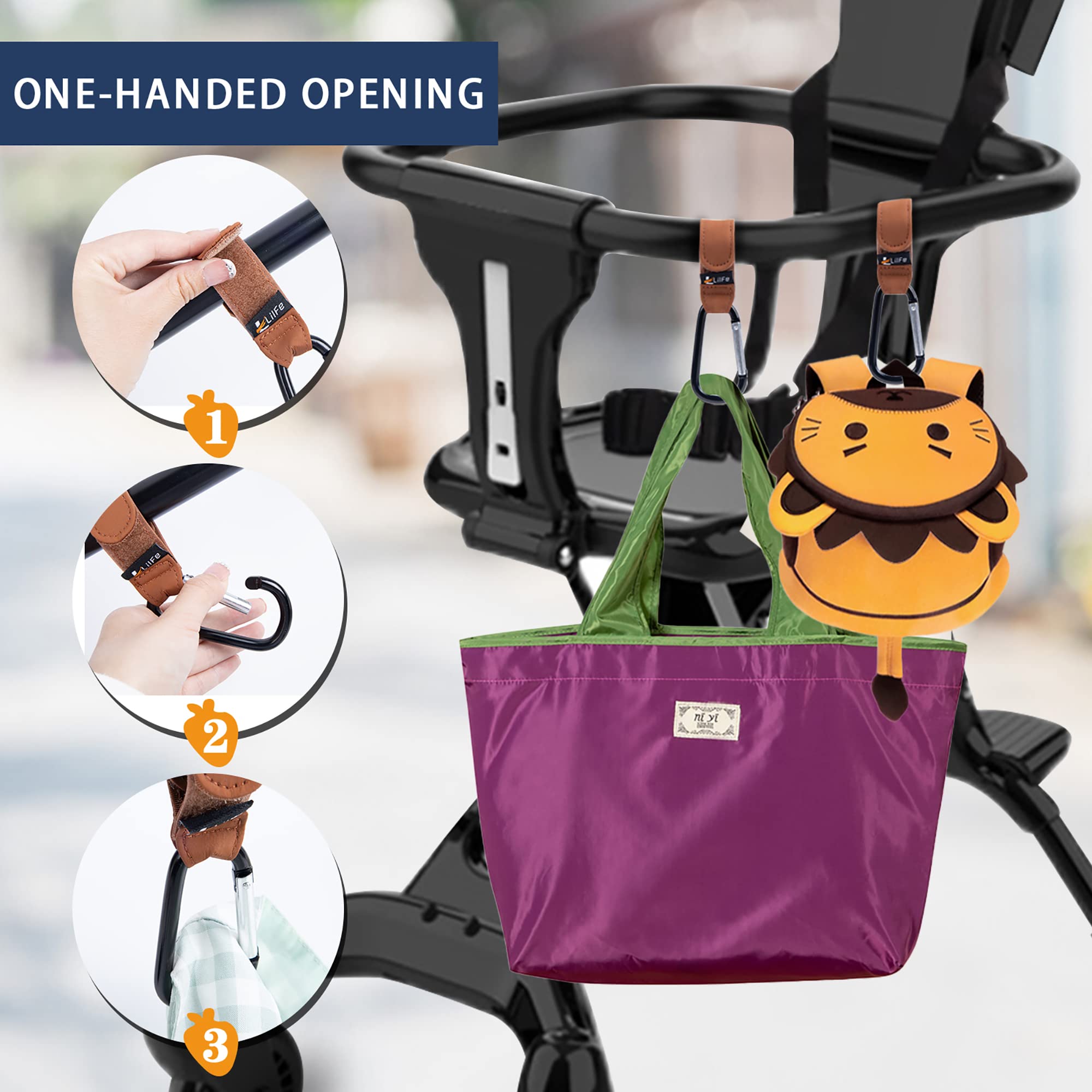 LilFe stroller hooks with 6‑lb capacity securely supports daily bags.