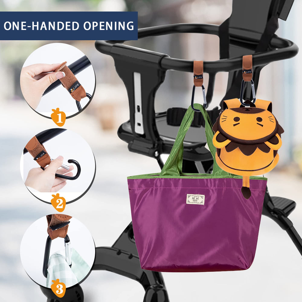 LilFe stroller hooks with 6‑lb capacity securely supports daily bags.
