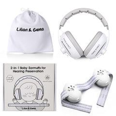 Lilian&Gema 2-in-1 baby ear muffs on plane for gentle noise protection