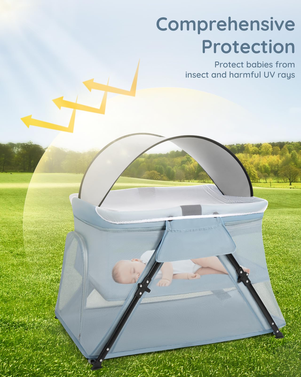 Lilian&Gema 2-in-1 Travel Crib with lightweight aluminum frame for easy travel.