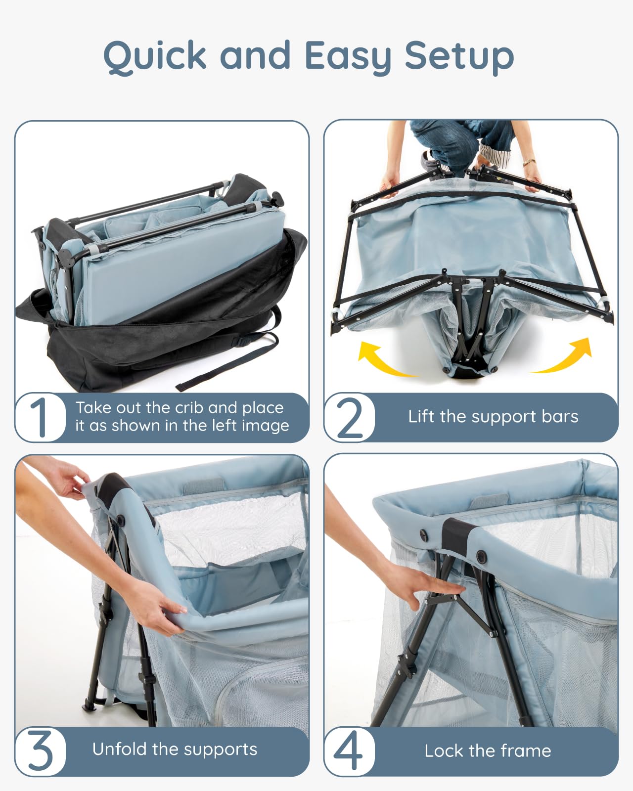 Lilian&Gema 2-in-1 Travel Crib has anti-slip feet for secure placement.