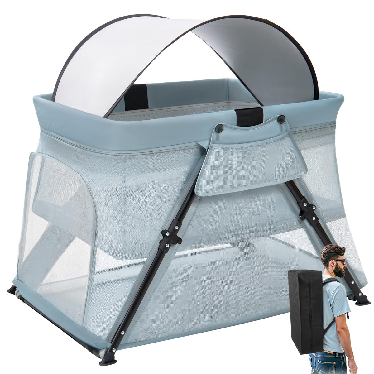 Lilian&Gema 2-in-1 Travel Crib with mattress inside offers comfortable naps on the go.