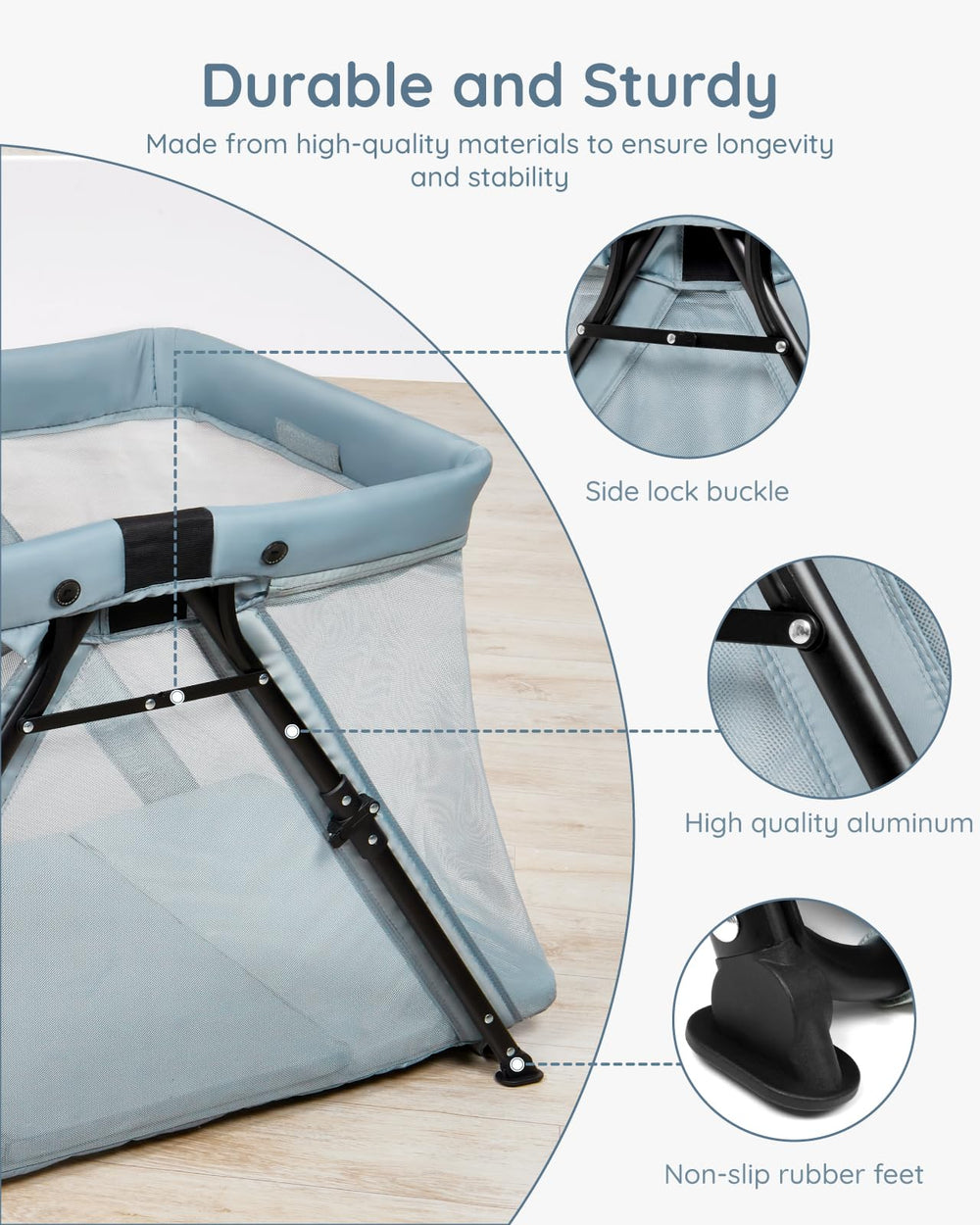 Lilian&Gema 2-in-1 Travel Crib features breathable mesh sides for visibility and airflow.