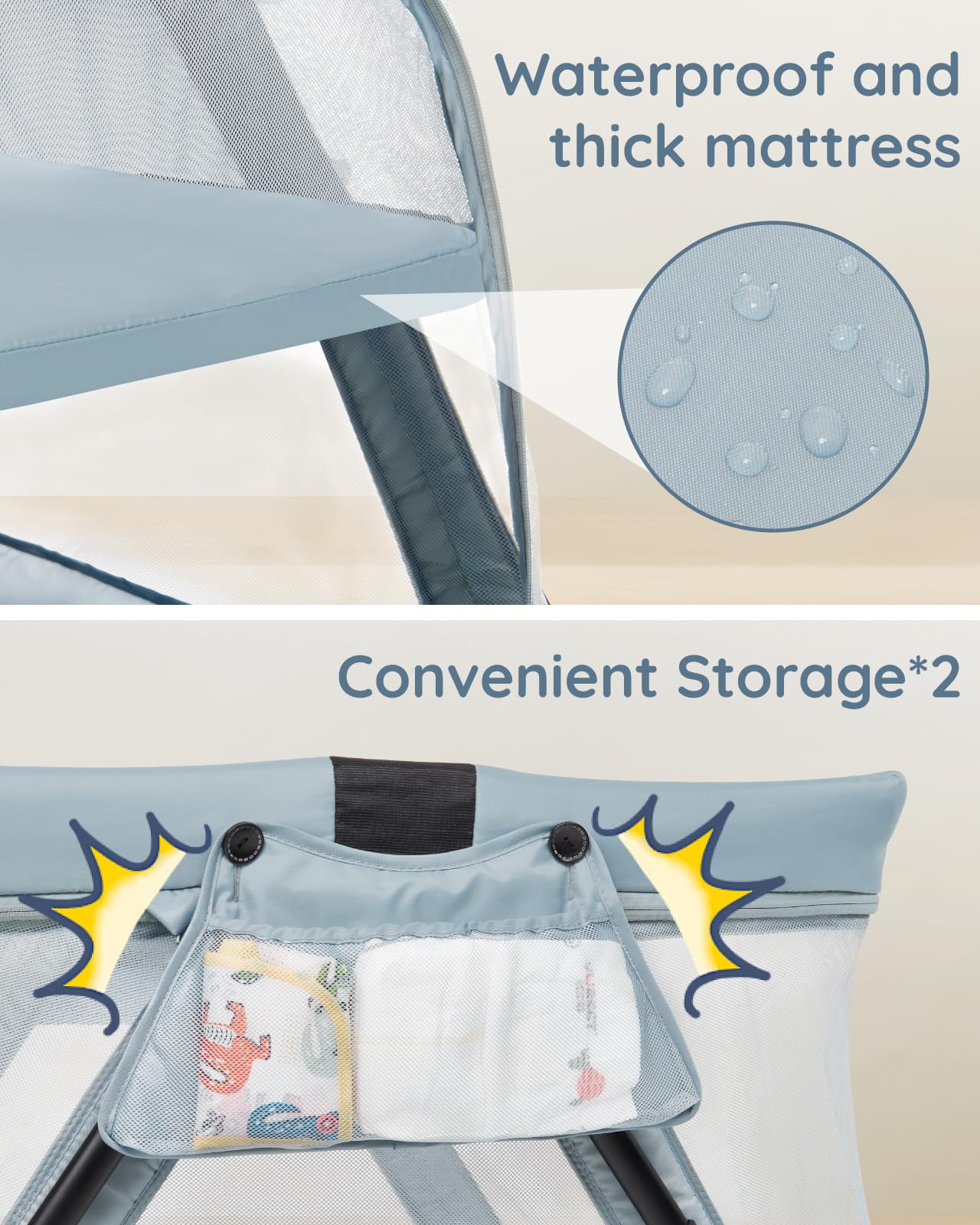 Lilian&Gema 2-in-1 Travel Crib is equipped with a mosquito net for outdoor safety.