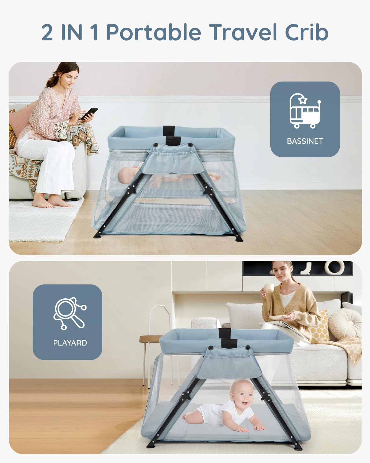 Lilian&Gema 2-in-1 Travel Crib side-door highlights easy access for caregivers.