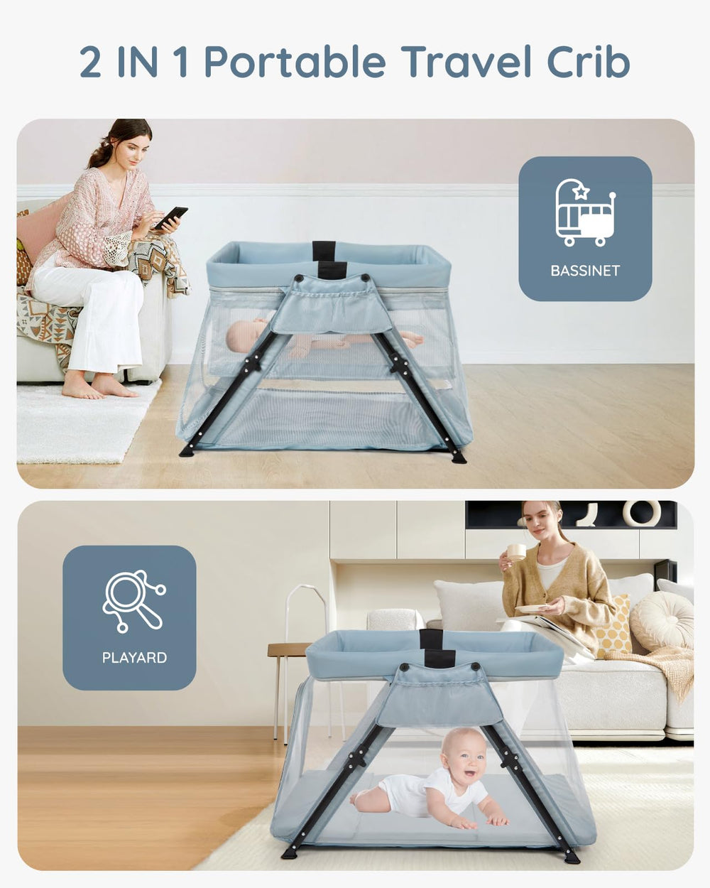 Lilian&Gema 2-in-1 Travel Crib side-door highlights easy access for caregivers.