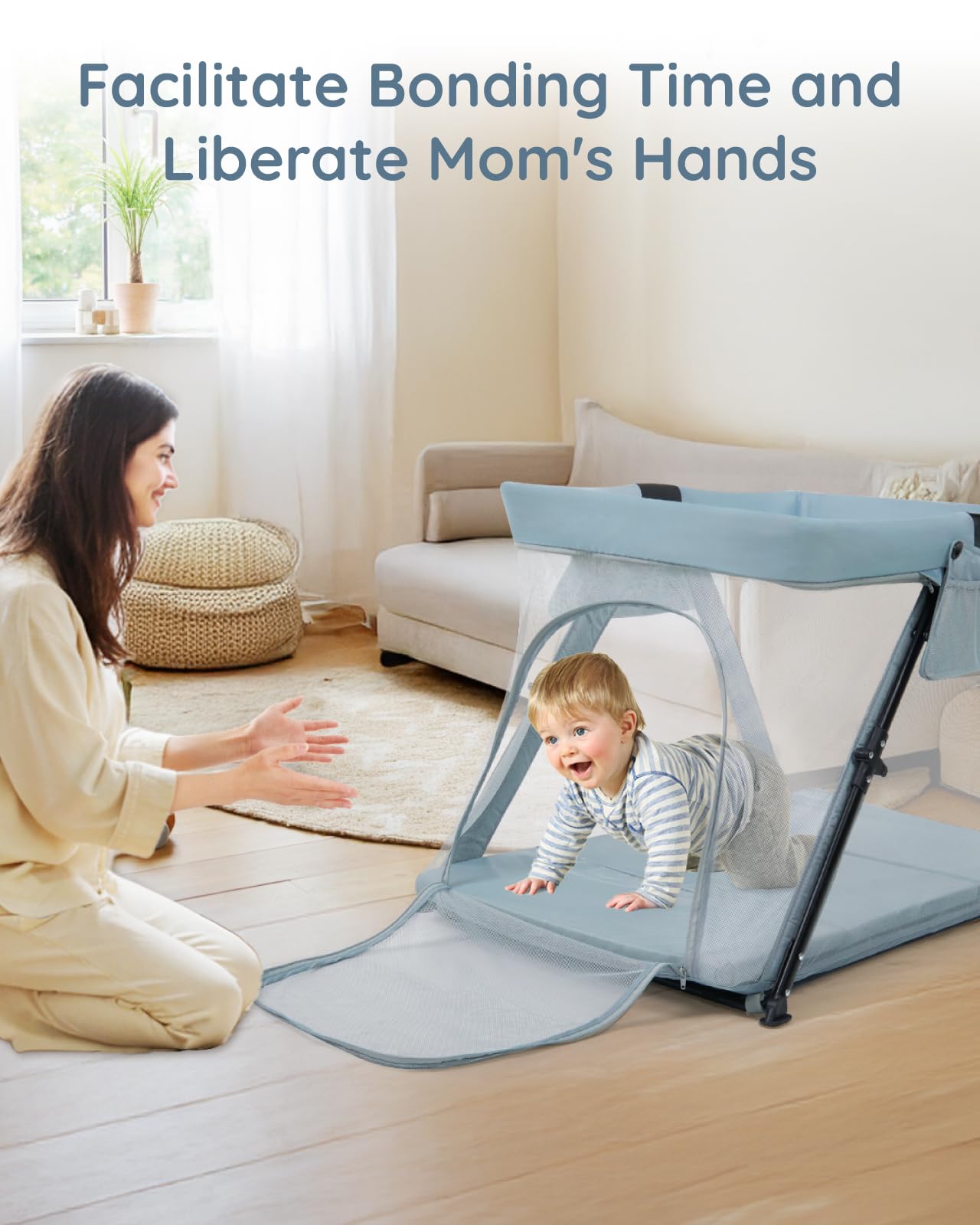 Lilian&Gema 2-in-1 Travel Crib's trapezoidal design adds stability during use.