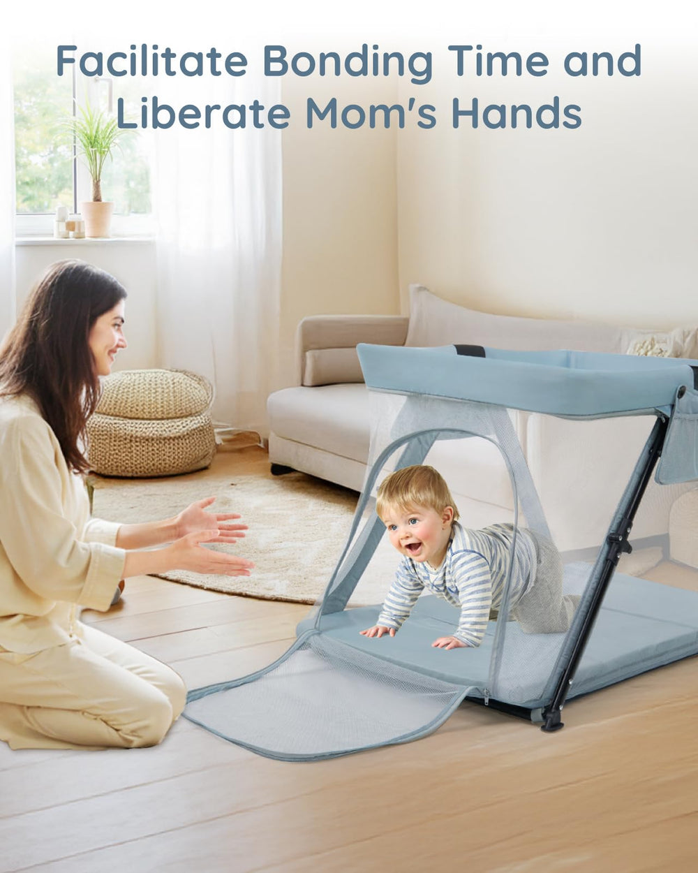 Lilian&Gema 2-in-1 Travel Crib's trapezoidal design adds stability during use.
