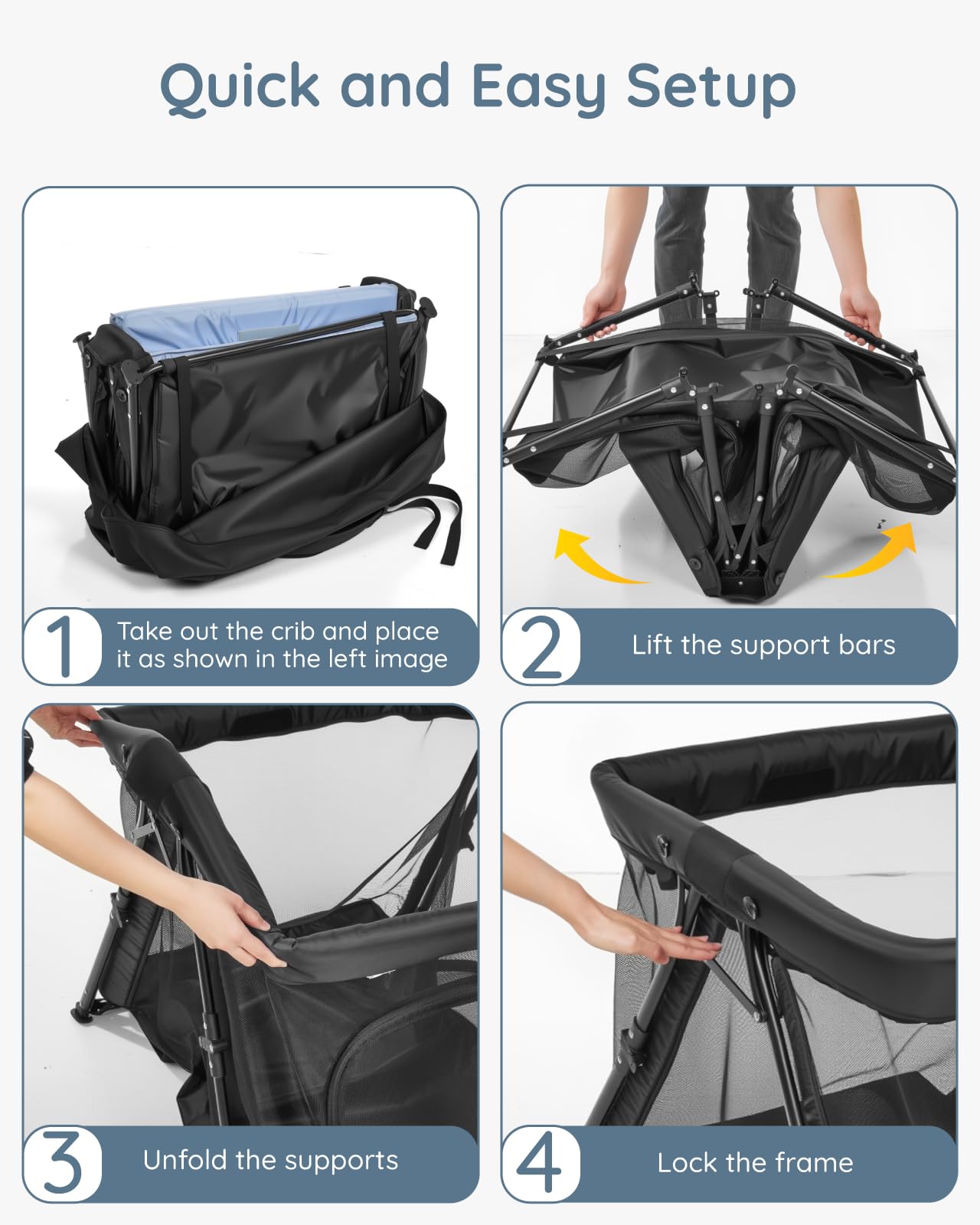 Lilian&Gema travel crib anti-slip feet ensuring stable placement.